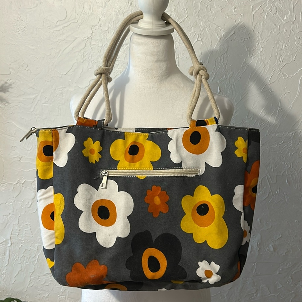 Farmhouse Gray, Orange, Yellow Canvas Tote- 12”x15”x5.5”